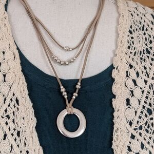 J. Jill Boho Three Layered Silver Beaded Suede/ Leather Pendant Necklace NWT